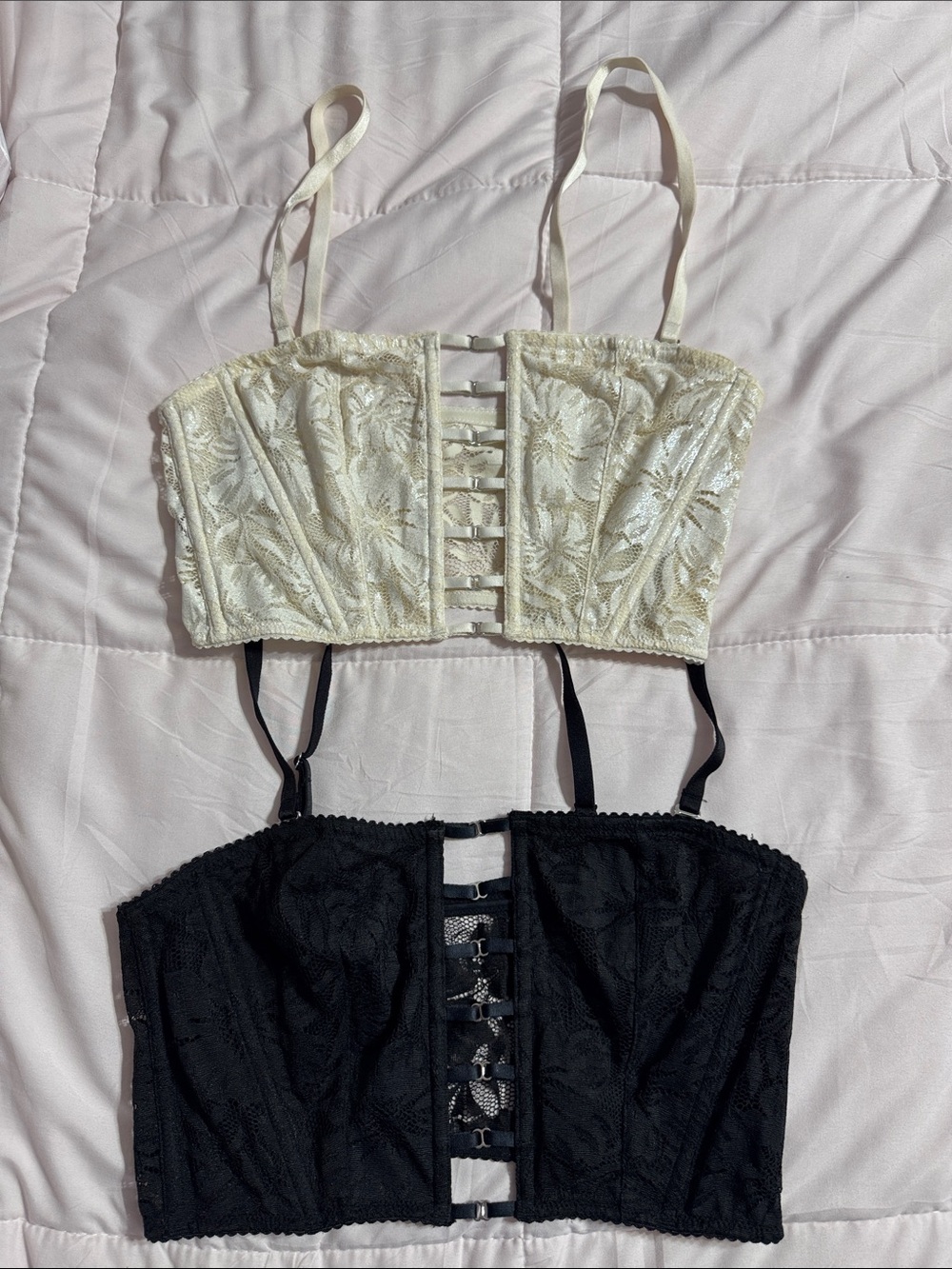 Victoria's Secret Ivory and Black Lace Longline Bustier Bralette Set 2